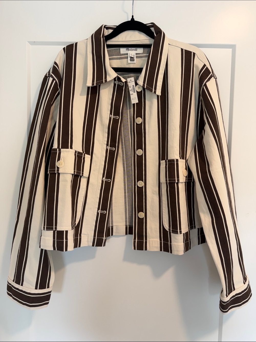 Madewell Cream and Brown Striped Cropped Jean Jacket